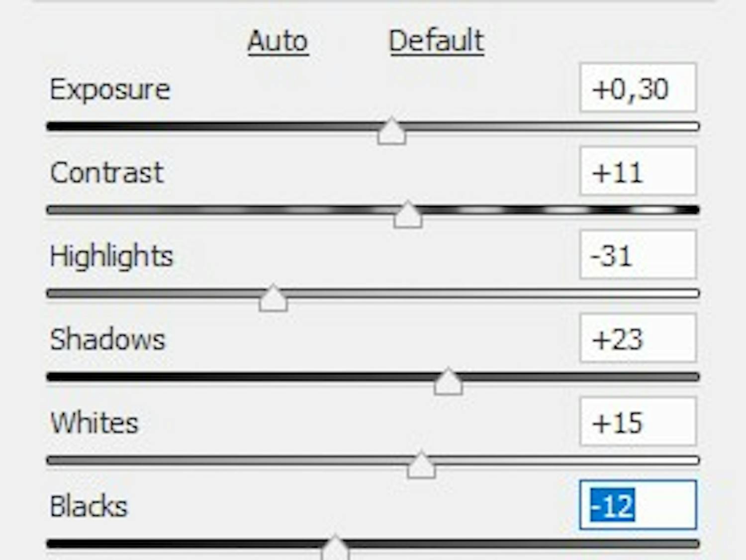 Eksponeringsmeny under Camera Raw i Elements.